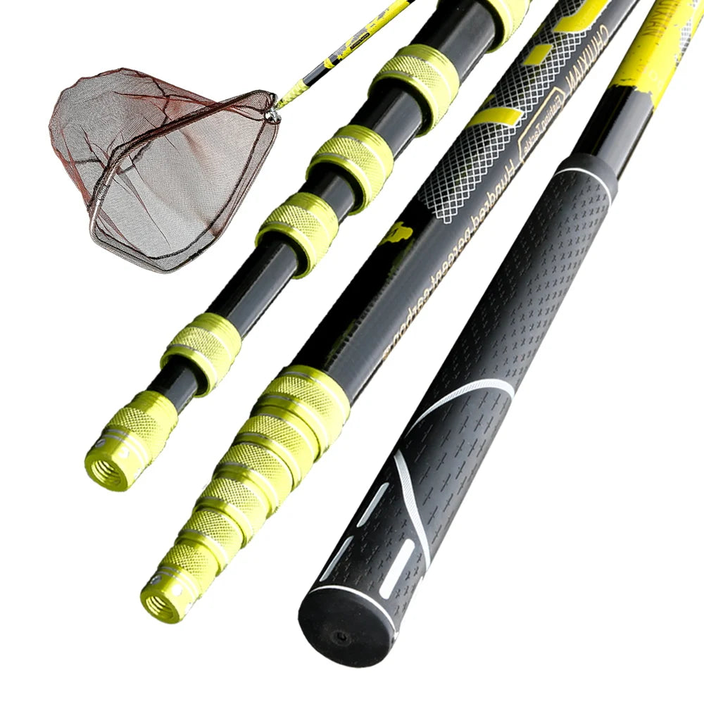 Telescopic fishing net showing carbon handle grip and triangular mesh head