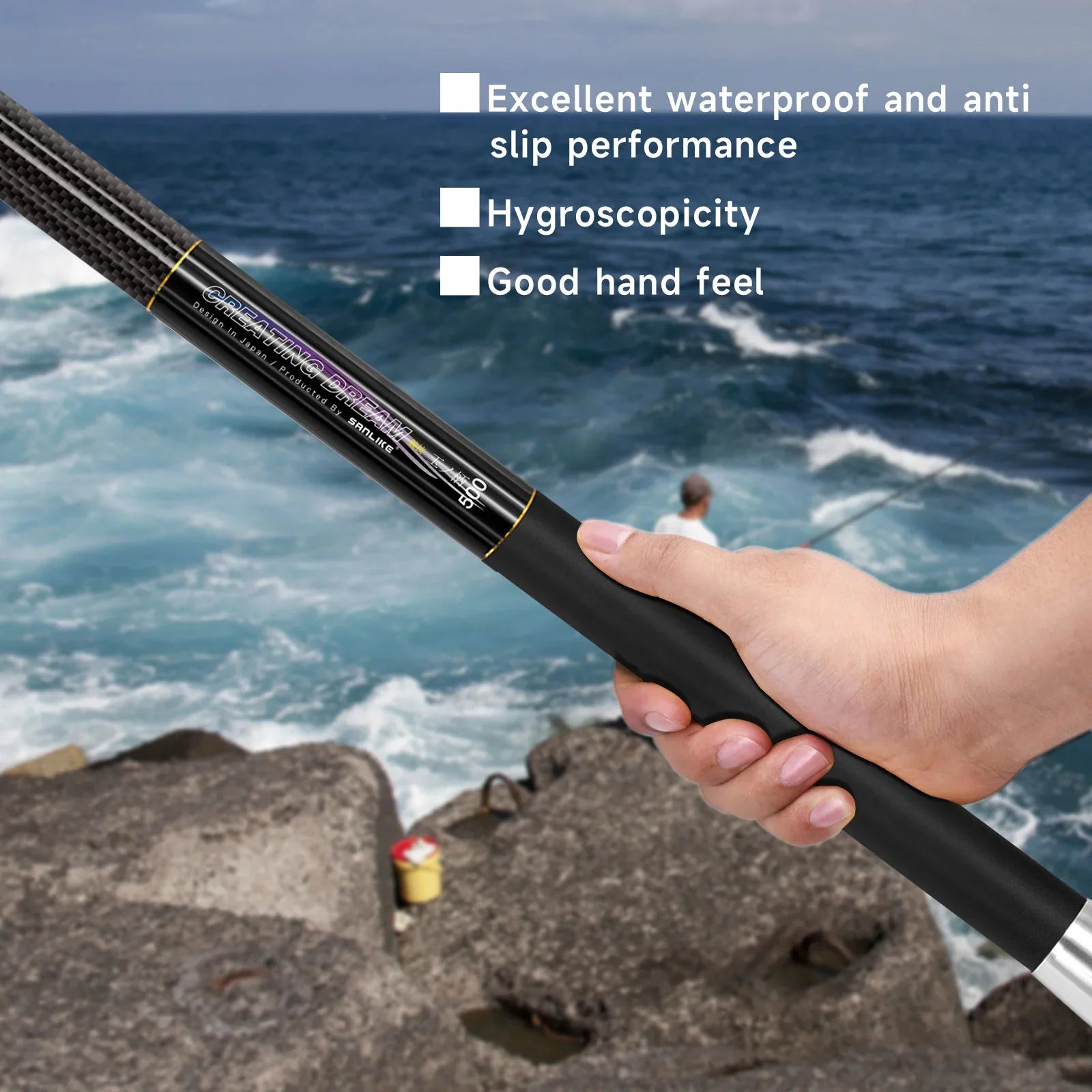 Telescopic carbon landing net handle held in hand near water