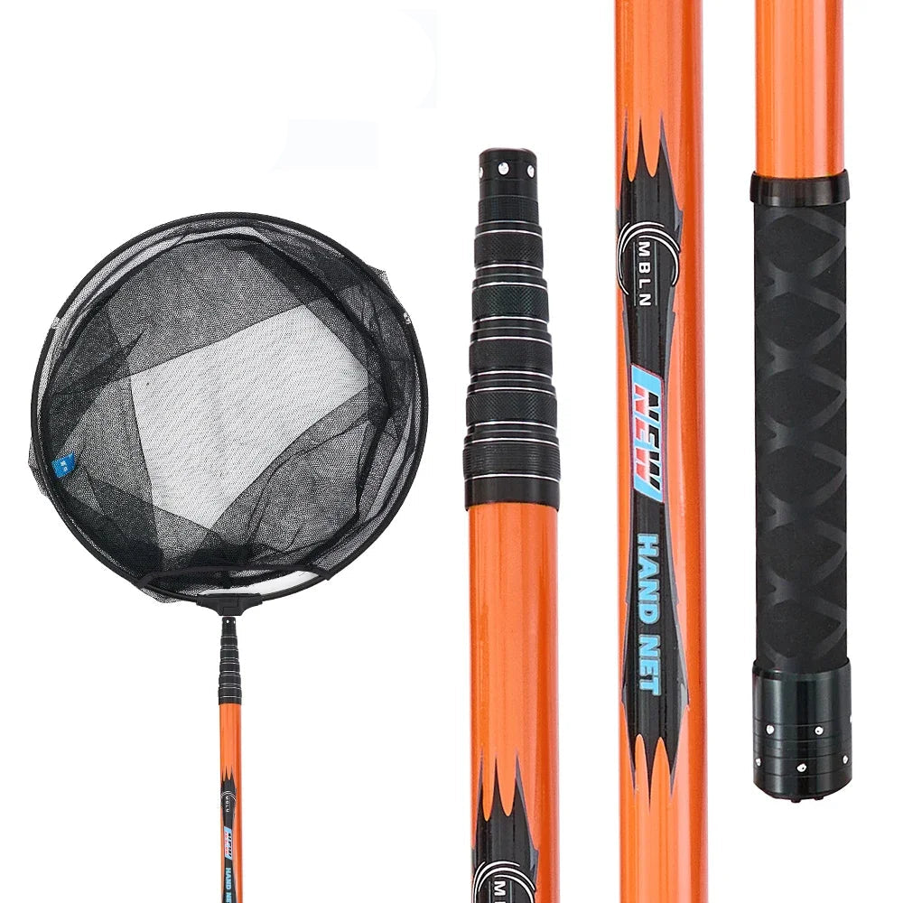 325 cm telescopic fishing landing net with carbon fibre handle and round mesh head