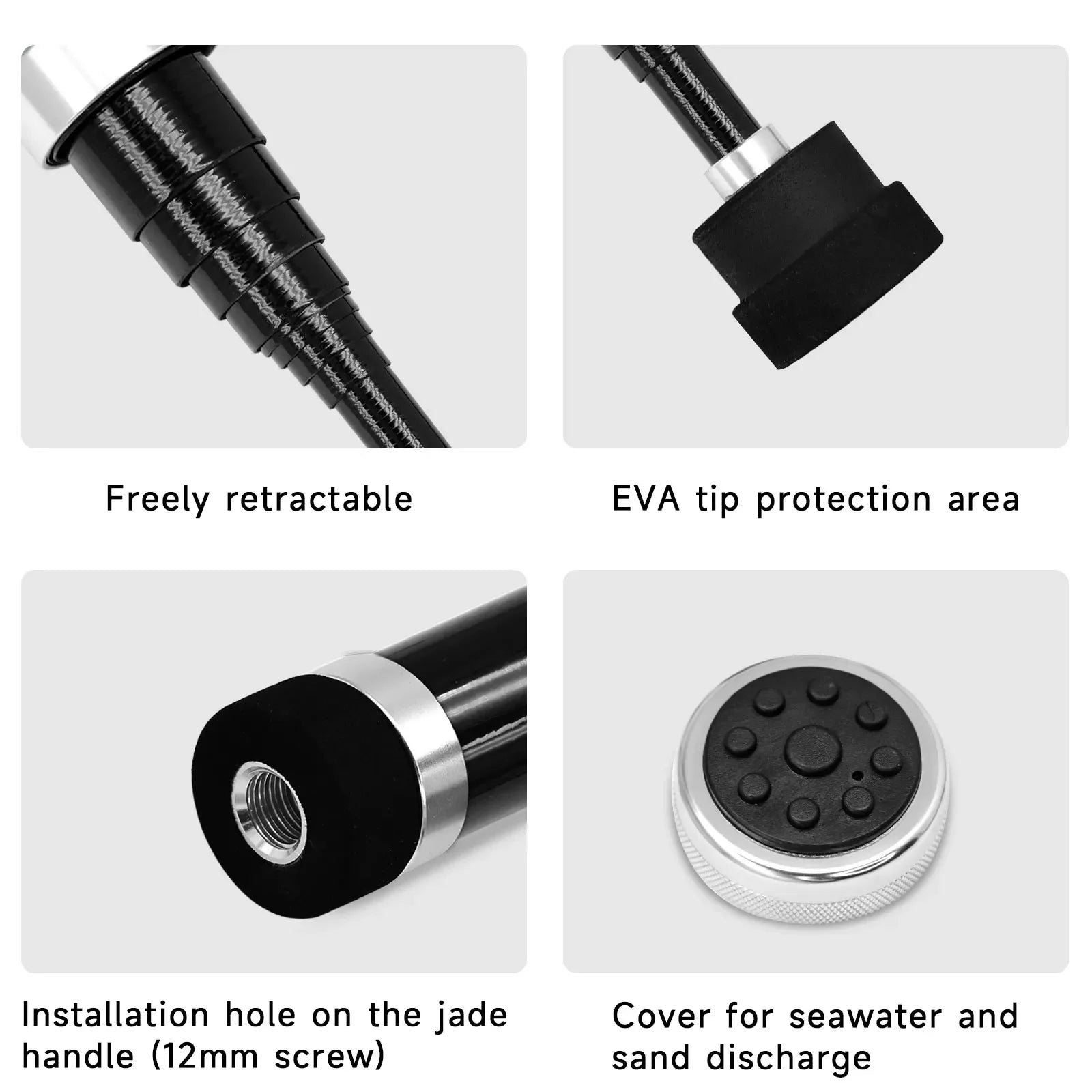 Telescopic landing net handle showing retractable sections and end cap