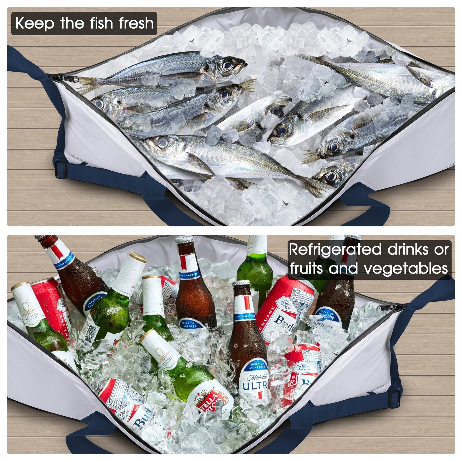 Inside view of THKFISH insulated cooler bag showing fish and ice storage for fresh keeping