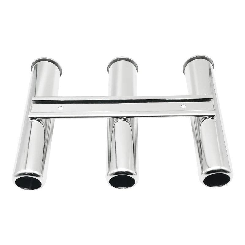 Three-tube stainless steel clamp-on fishing rod holder with adjustable mount for boat rails