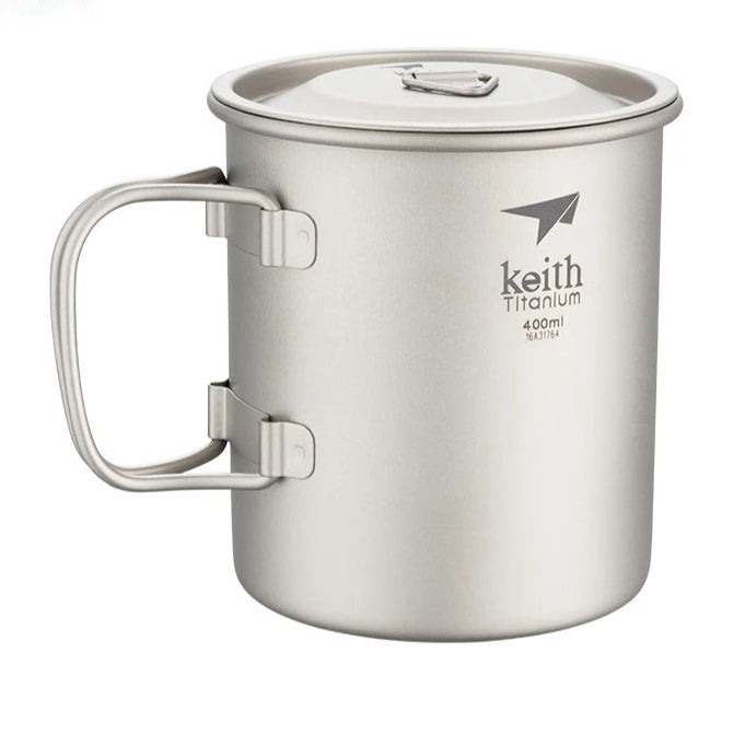 Titanium camping mug with lid and folding handle