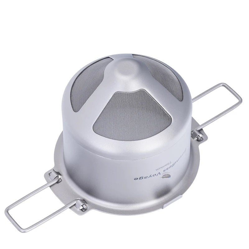 Top view of reusable titanium coffee filter showing precision 120-mesh construction and foldable frame