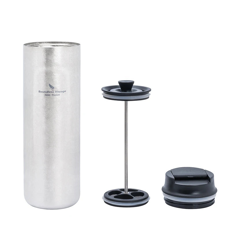 Titanium French press mug with stainless steel plunger and silicone filter components for outdoor coffee brewing