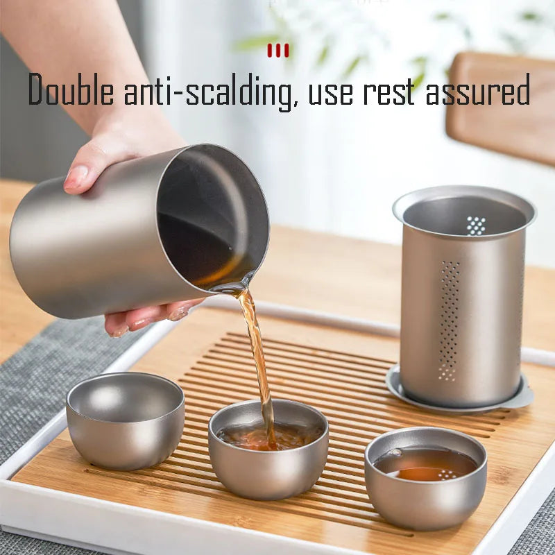 Portable titanium tea infuser and cup set with mesh carry bag designed for travel and camping convenience