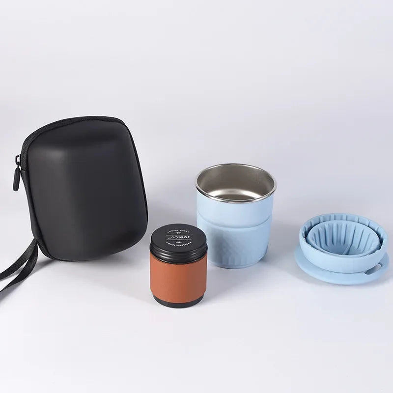 Travel coffee brewing set with stainless steel cup, silicone dripper, and compact case for campers and travellers