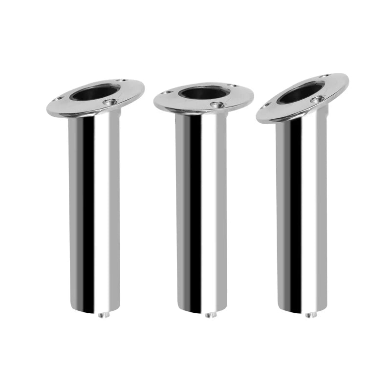 Set of three stainless steel flush-mount fishing rod holders with mirror polished finish