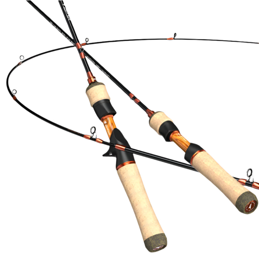 Ultralight carbon spinning rod with cork handle shown under load