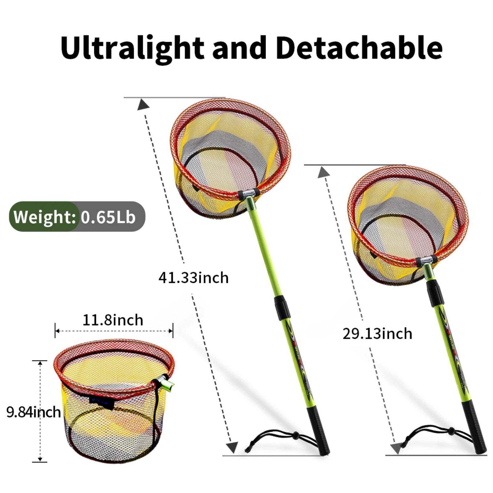 Diagram showing dimensions of ultralight detachable fishing landing net with extendable green handle