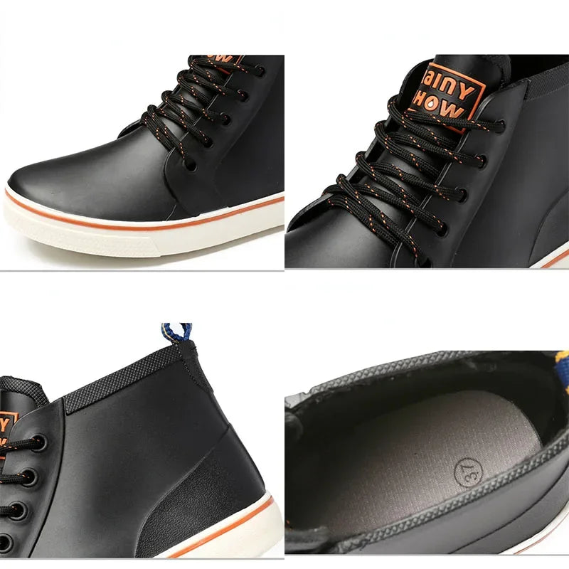 Navy ankle gumboots close up showing laces and padded collar