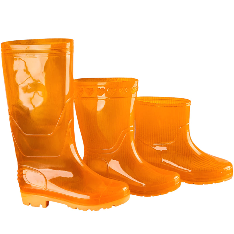 Unisex orange mid calf gumboots shown upright as matching pair