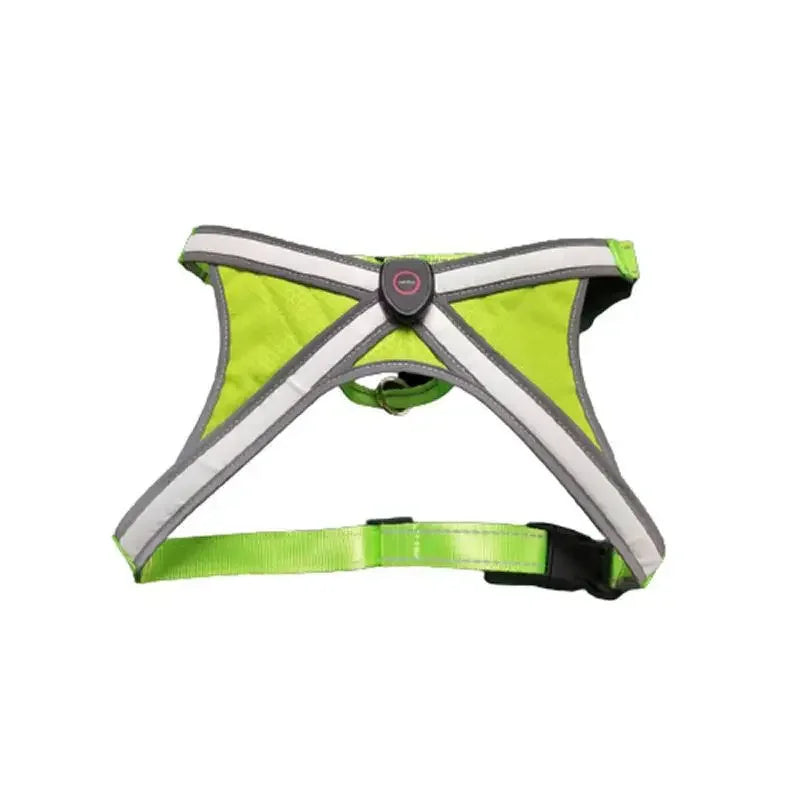 Green LED dog chest harness front view with straps