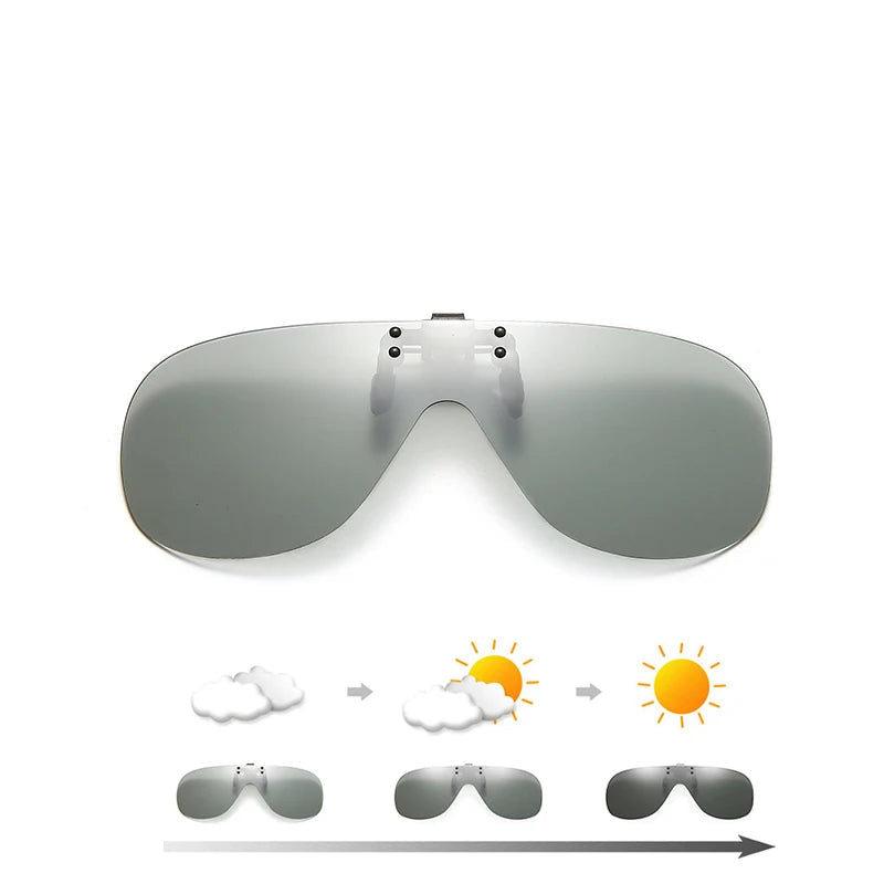 VIVIBEE photochromic clip-on sunglasses with adaptive light-sensitive lenses for daytime and low-light driving