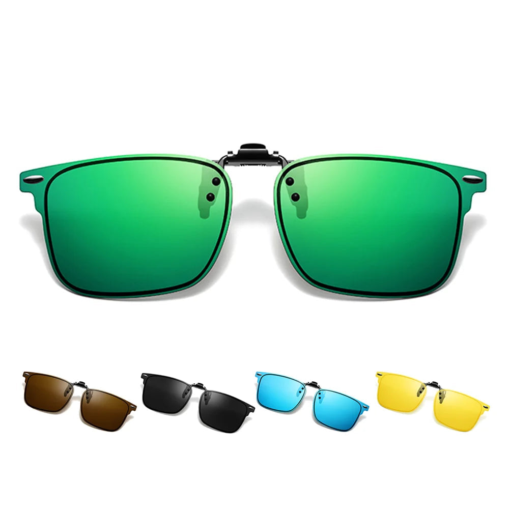 VIVIBEE V6007 rimless green flip-up clip-on sunglasses with polarised UV400 lenses for driving and outdoor use