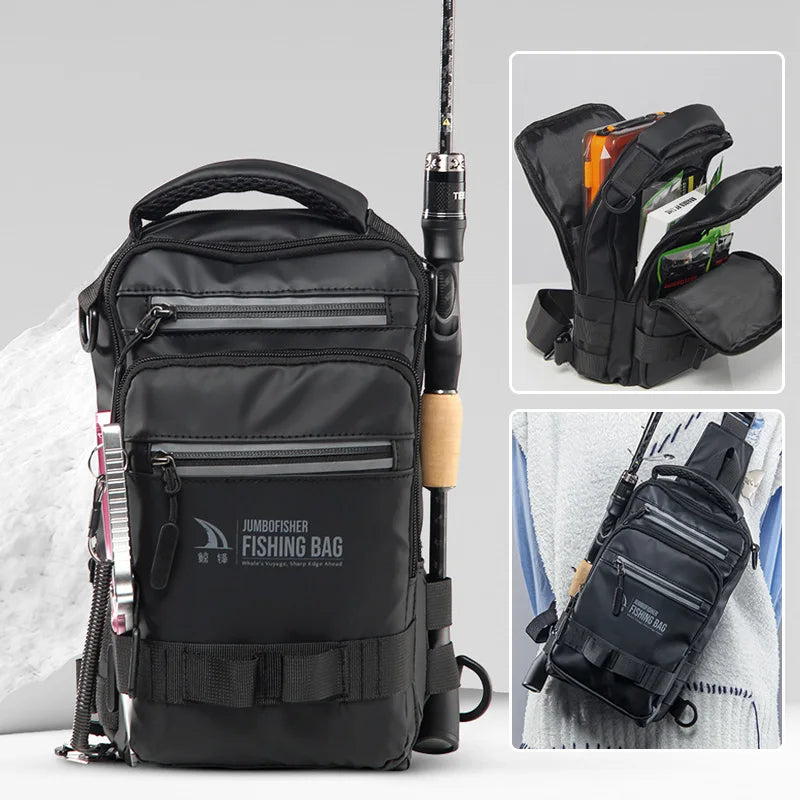 Black waterproof fishing chest bag with rod holder