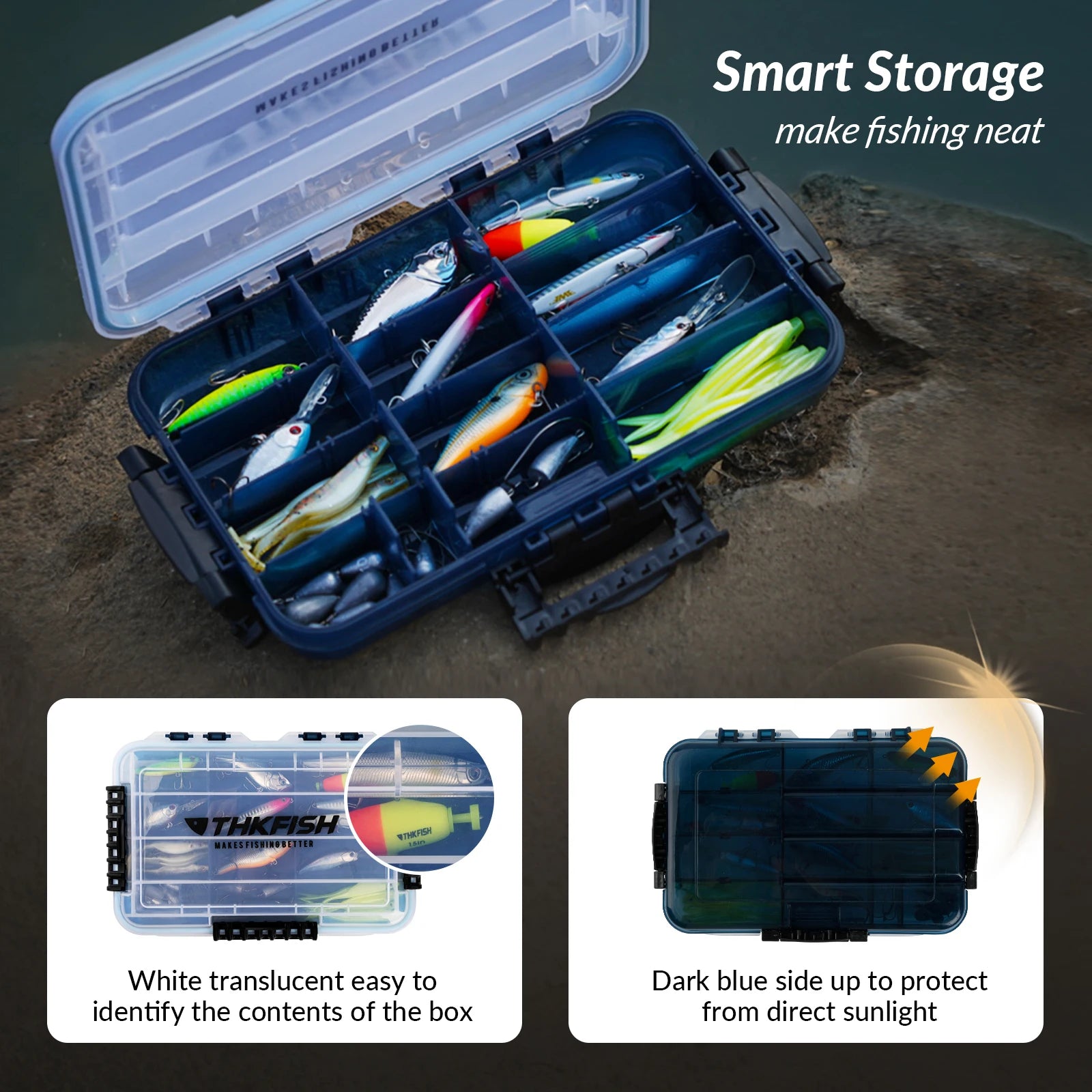 Waterproof tackle box storing assorted fishing lures in organised compartments