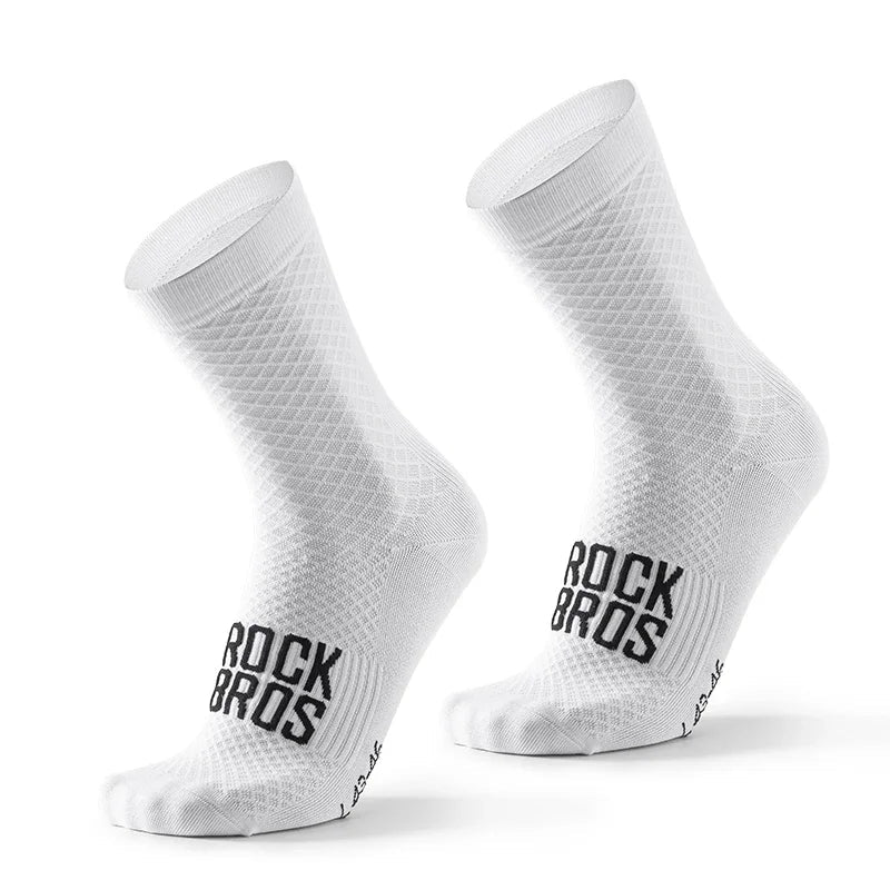 White cycling crew socks with breathable knit structure
