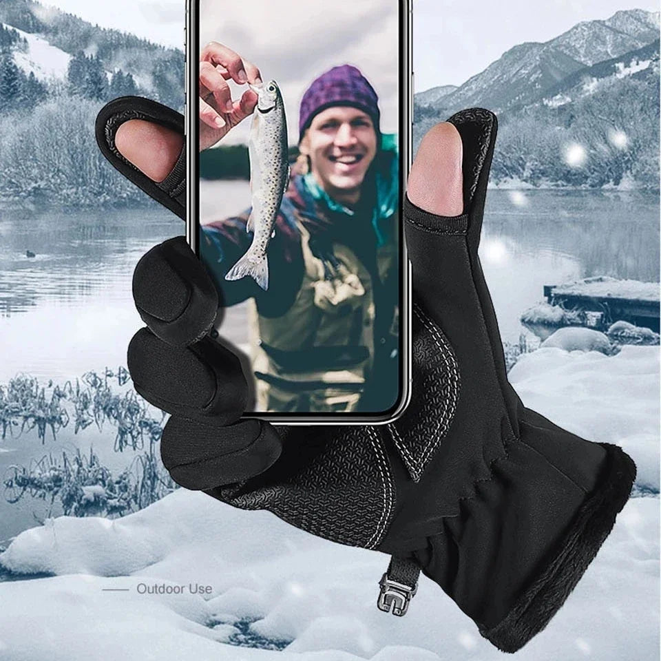 Winter fishing gloves with flip back fingertip holding phone