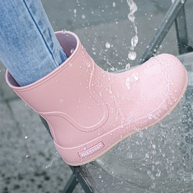 Pink women’s ankle gumboots worn in wet conditions showing waterproof finish