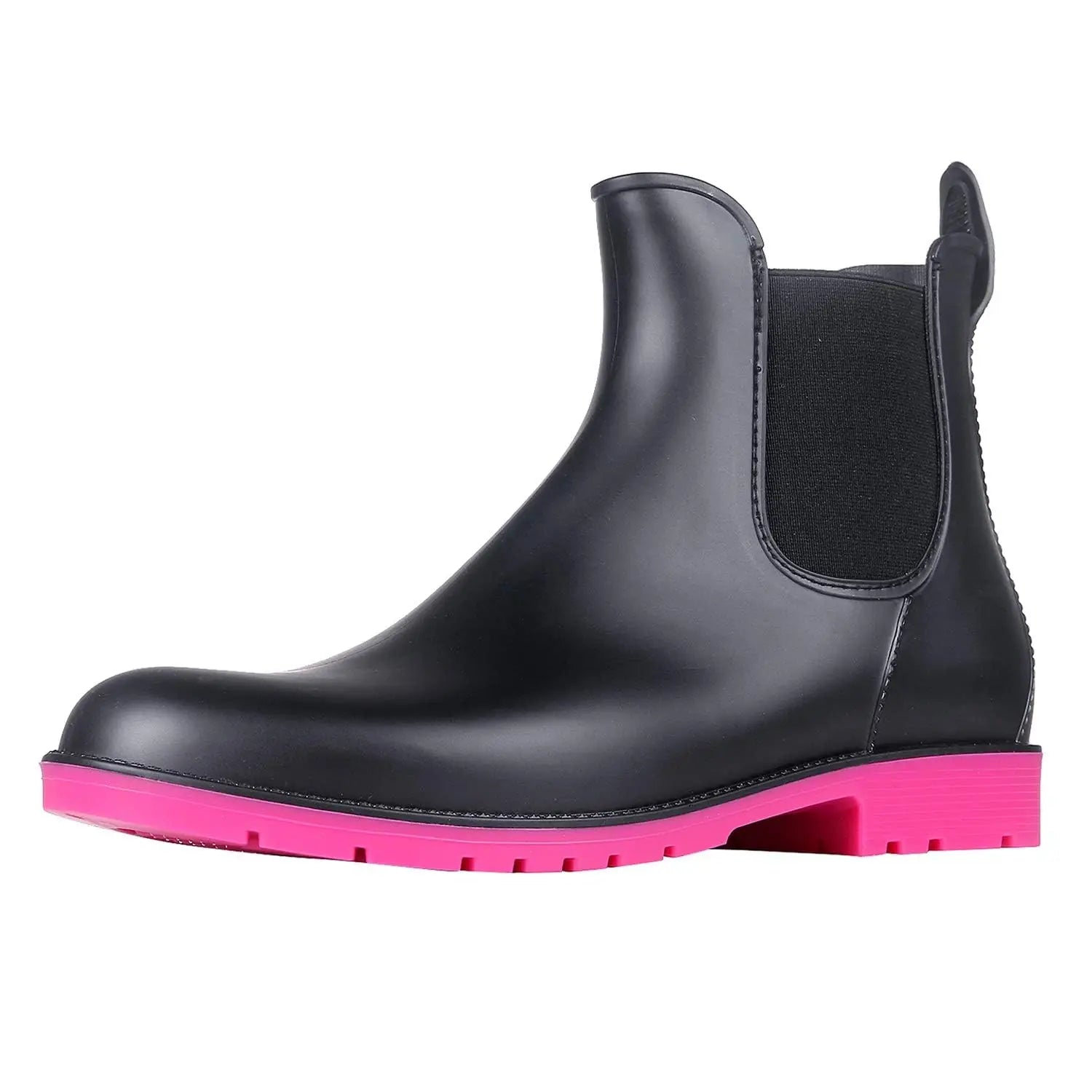 Women’s Chelsea rain boots in black with pink sole side view