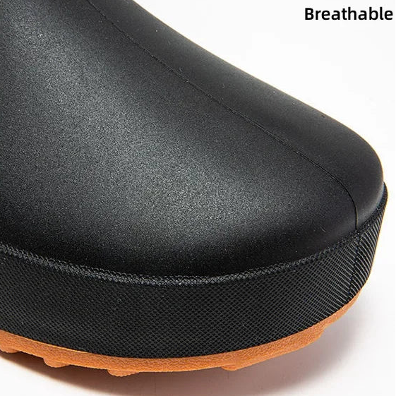 Close-up of women’s gumboots showing PVC upper and rounded toe design