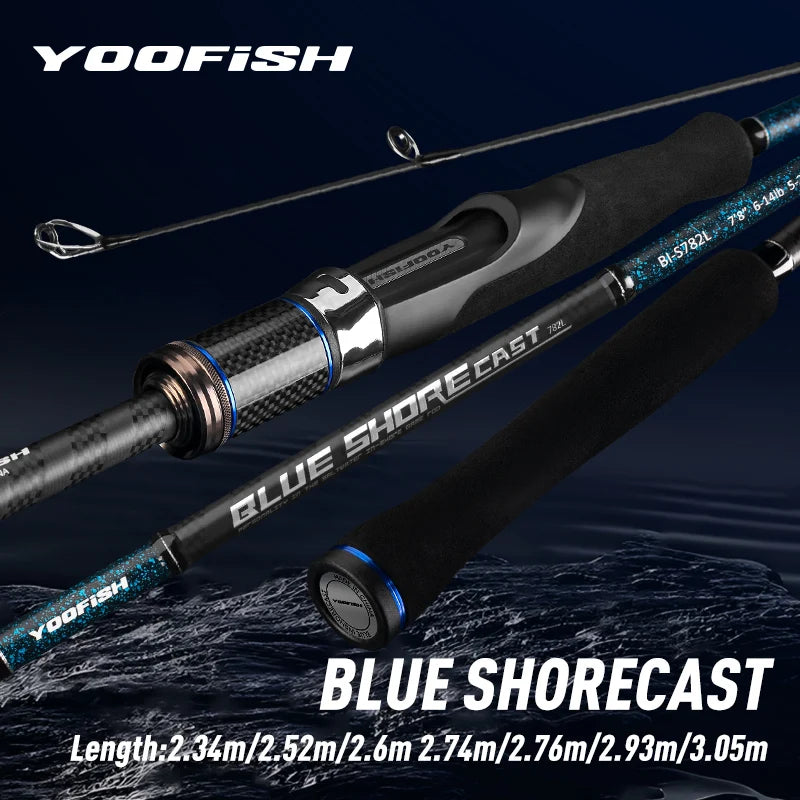 YOOFISH Blue Shorecast inshore spinning rod with carbon blank, EVA handle and guide rings for saltwater fishing