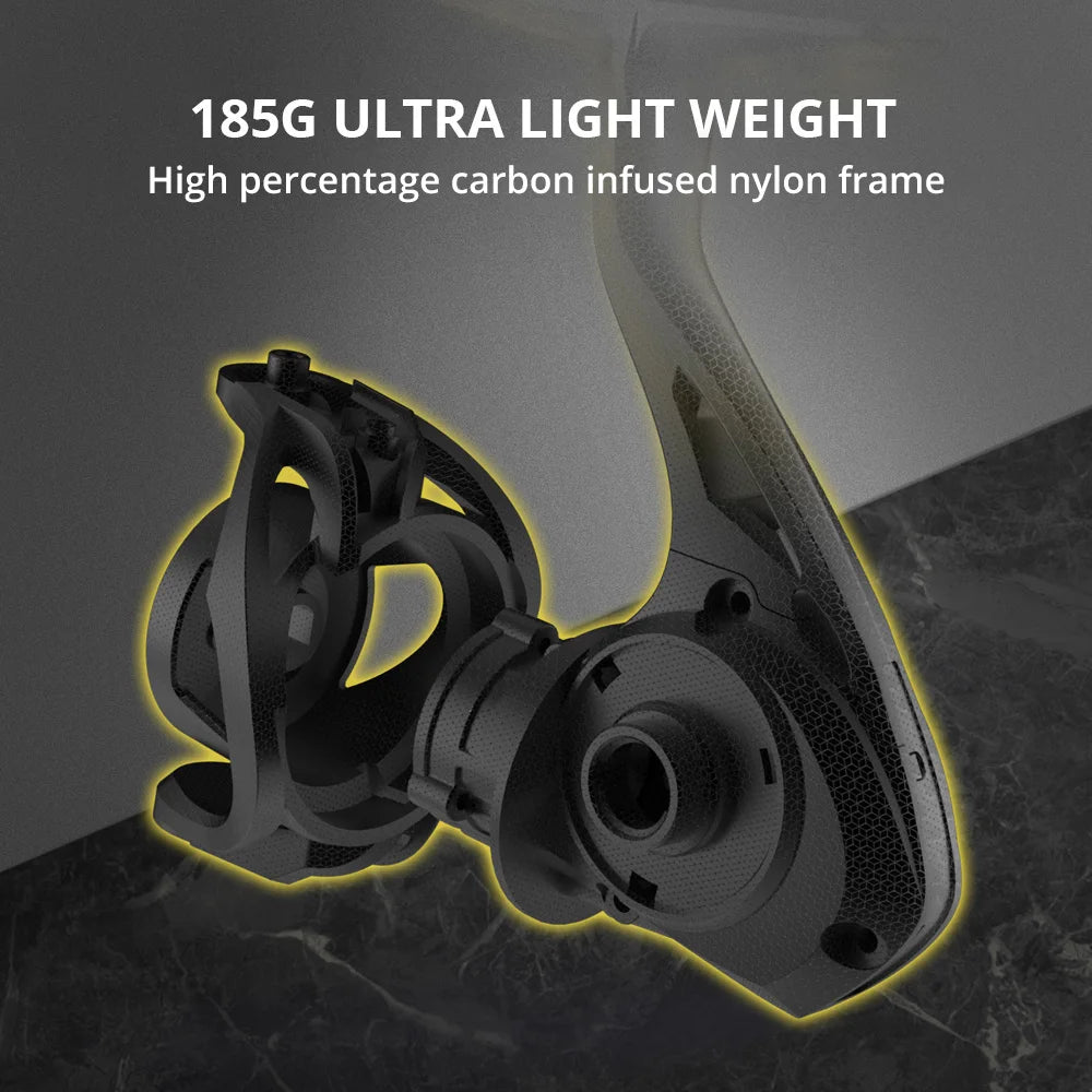 ZEPHYR spinning reel lightweight carbon-infused nylon frame diagram showing 185 g ultralight body design