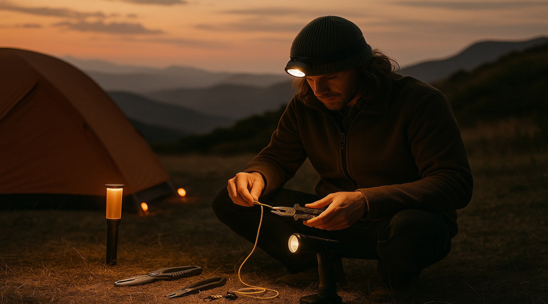 Camper tying rope at night