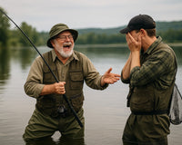 Two fishermen laughing waist-deep