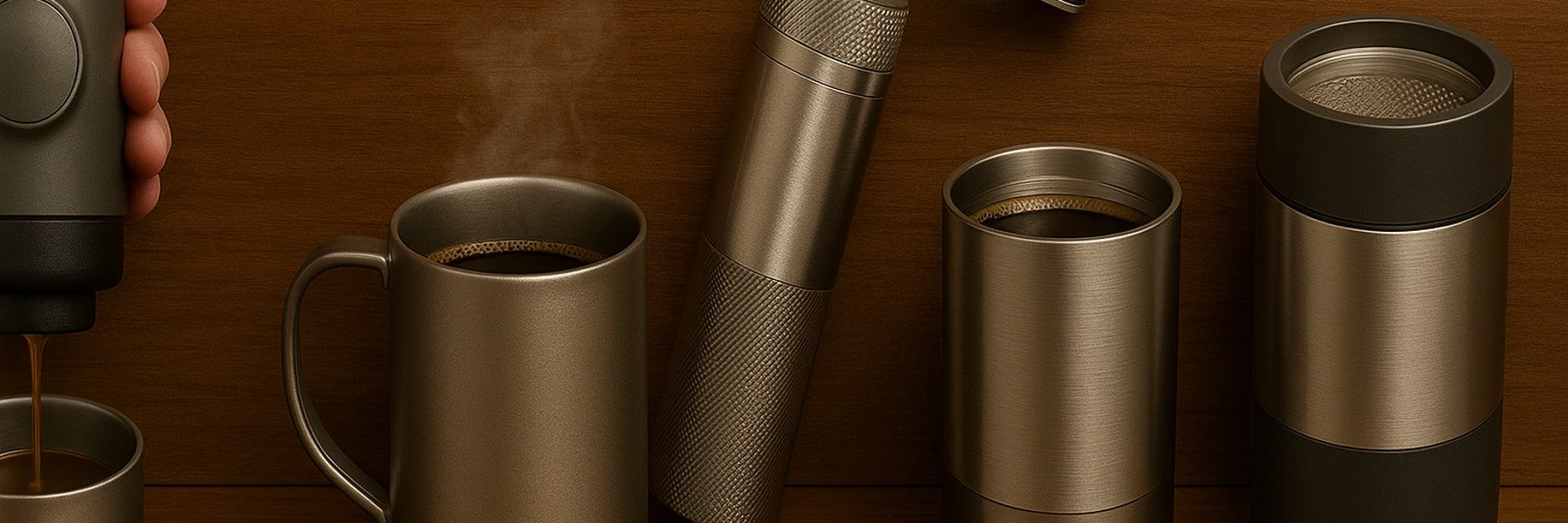 Portable coffee makers, titanium mugs, and travel espresso gear on a wooden table with steam and natural daylight lighting