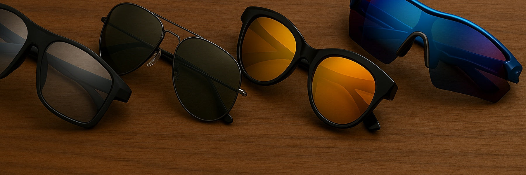 Four pairs of sunglasses including cycling, pilot, and photochromic sports styles displayed on a timber background