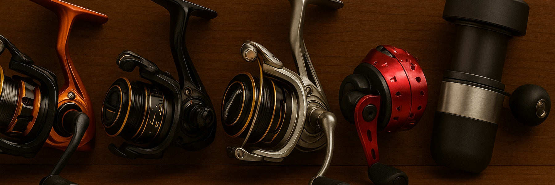 Four specialty fishing reels including spincast and micro spinning designs displayed on a timber background