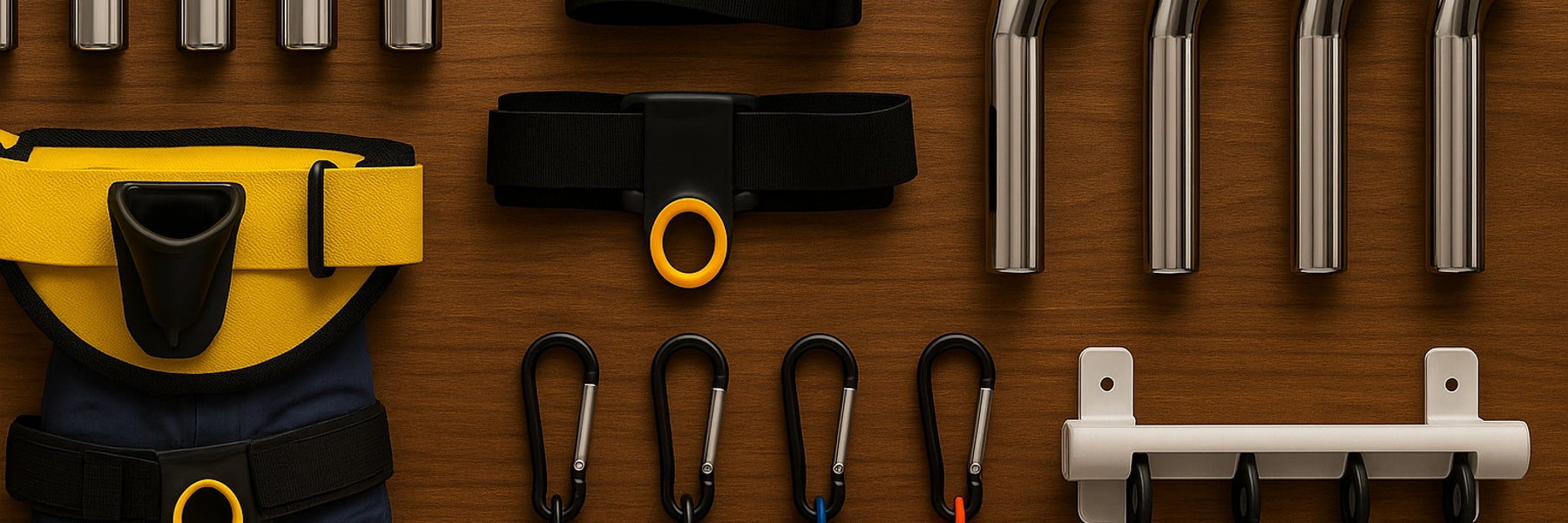 Stainless steel fishing rod holders, waist belt mounts, and wall racks arranged on timber background under natural lighting