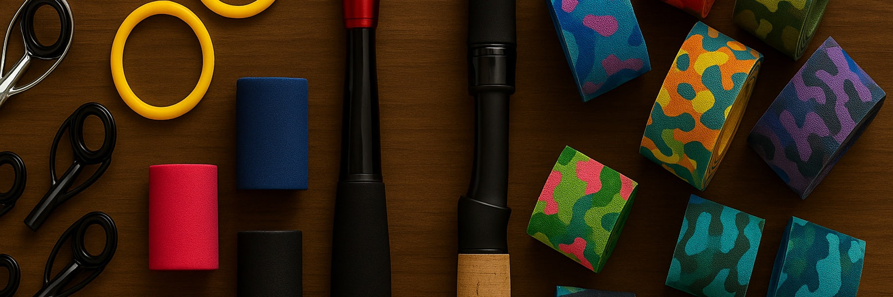 Fishing rod accessories with rod tips, grip handles, and colourful camouflage wraps displayed on timber background