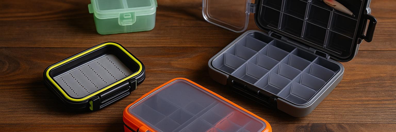 Colourful tackle boxes on bench