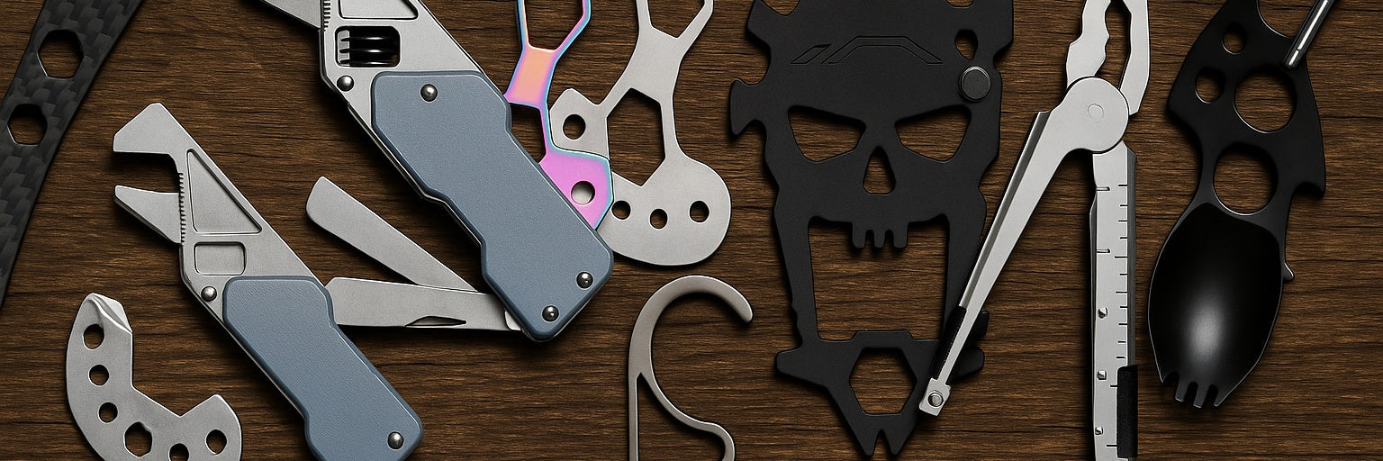 Modern multi-tools on wood background