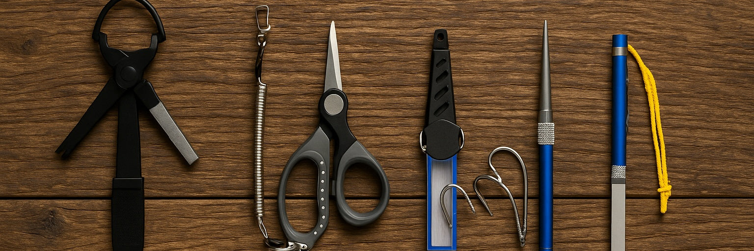 Hook sharpeners on timber surface