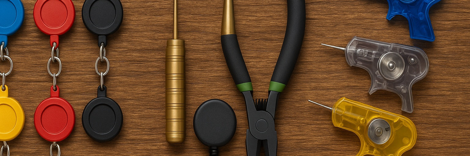 Knot tying tools on timber background