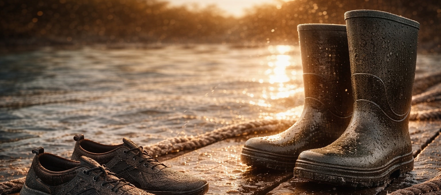 mud-splattered gumboots and black water shoes on dock