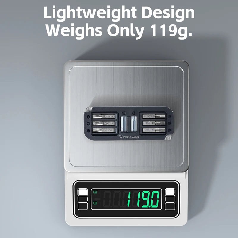 Lightweight 10-in-1 bike multitool shown on digital scale