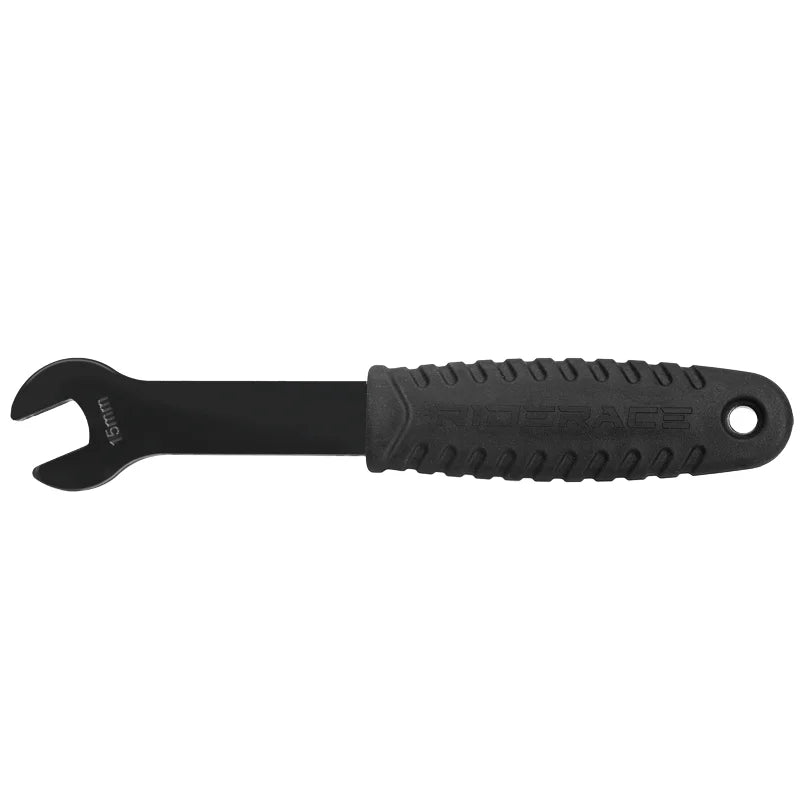 Textured handle detail on long handle bicycle pedal wrench