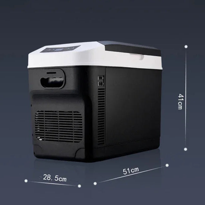 Side view of 28L portable fridge with visible dimensions showing compact size and power vents