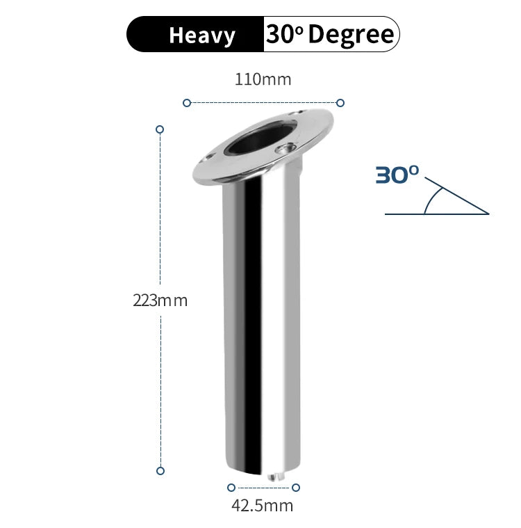Dimension diagram for 30-degree stainless steel flush-mount rod holder