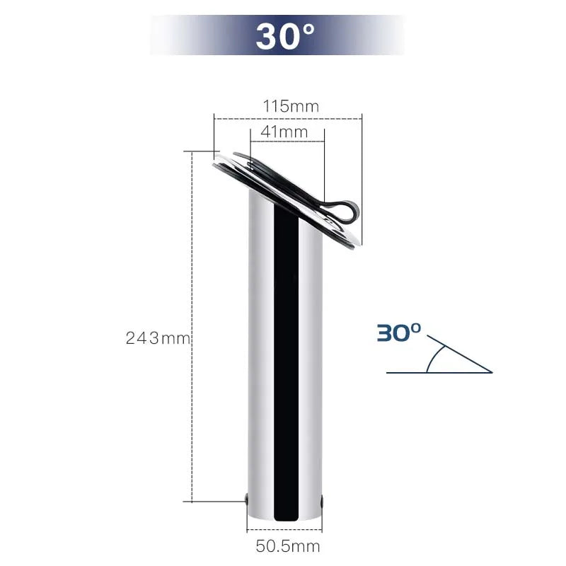Technical dimensions diagram of 30-degree stainless steel flush mount rod holder with cap