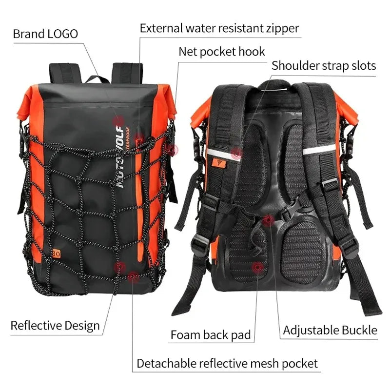 30L waterproof backpack feature breakdown diagram