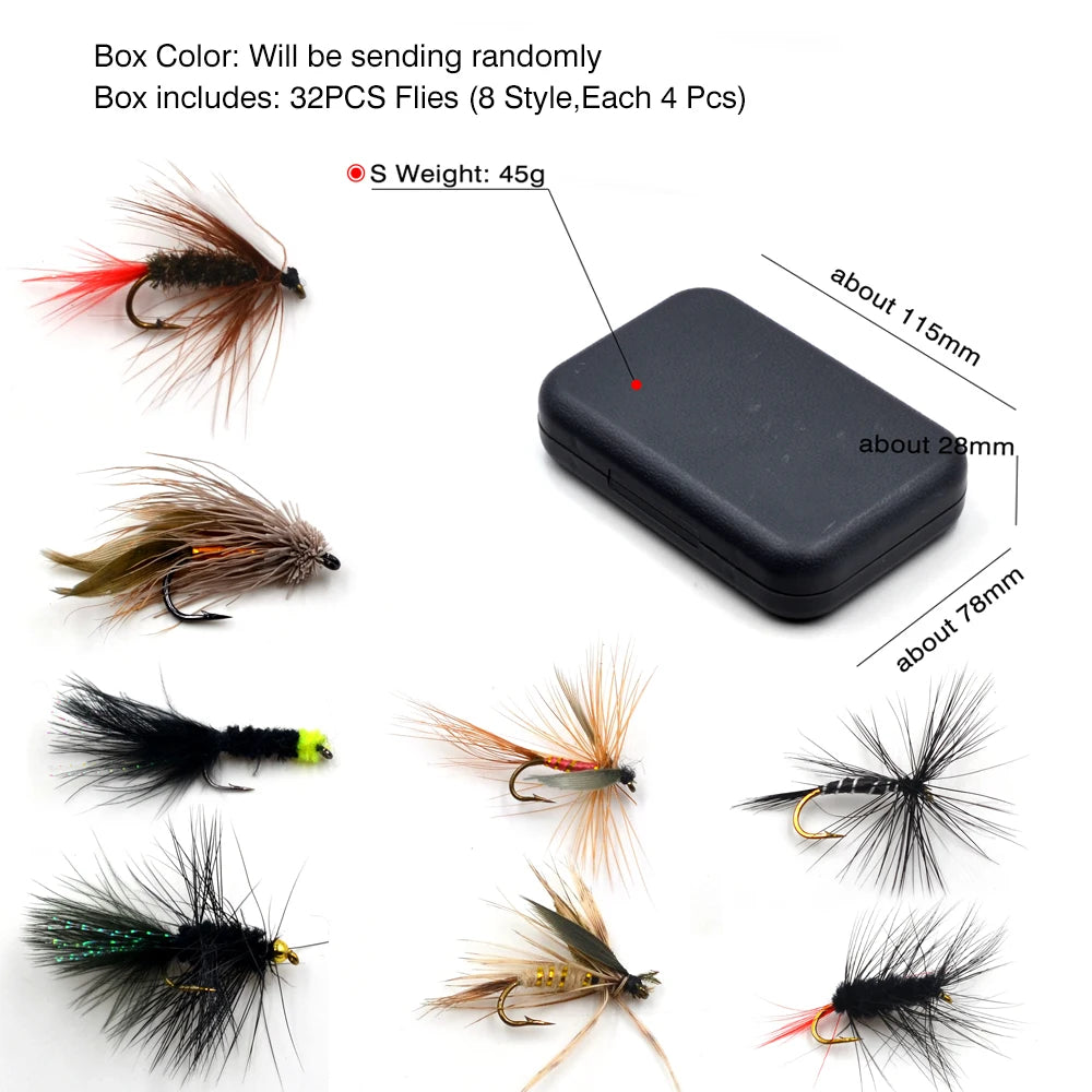 Individual dry flies and streamers laid out beside closed fly box