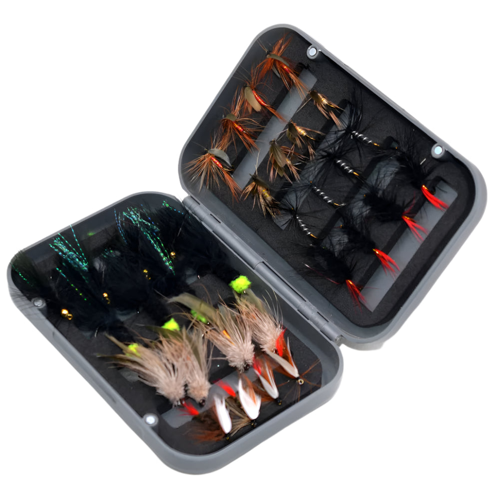 Open fly box showing mixed dry flies and streamers
