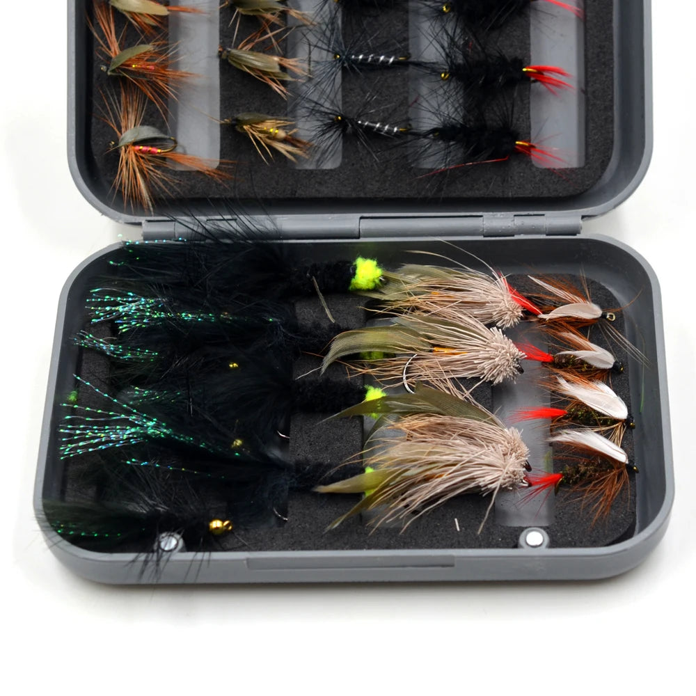 Fly box displaying streamers and dry fly patterns