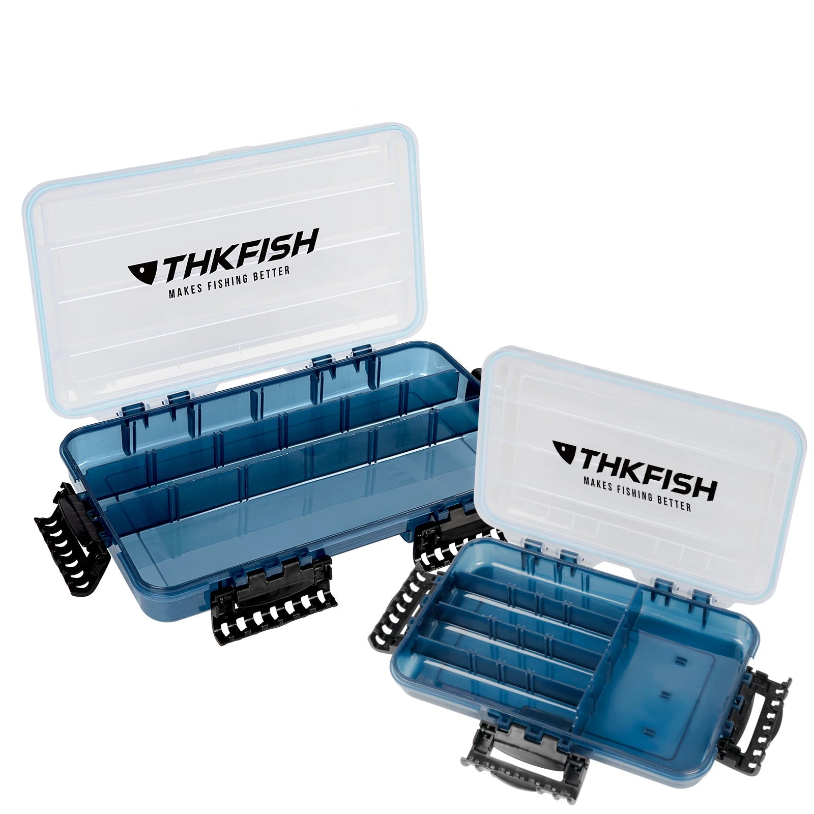 Blue 3600 3700 waterproof tackle box with adjustable compartments open